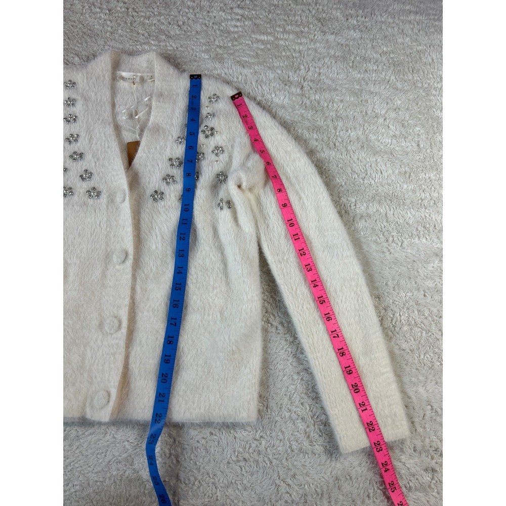 Cyrus Embellished Pearl Crystal Fuzzy Knit Cardigan Sweater Size S NWT - Picture 5 of 7
